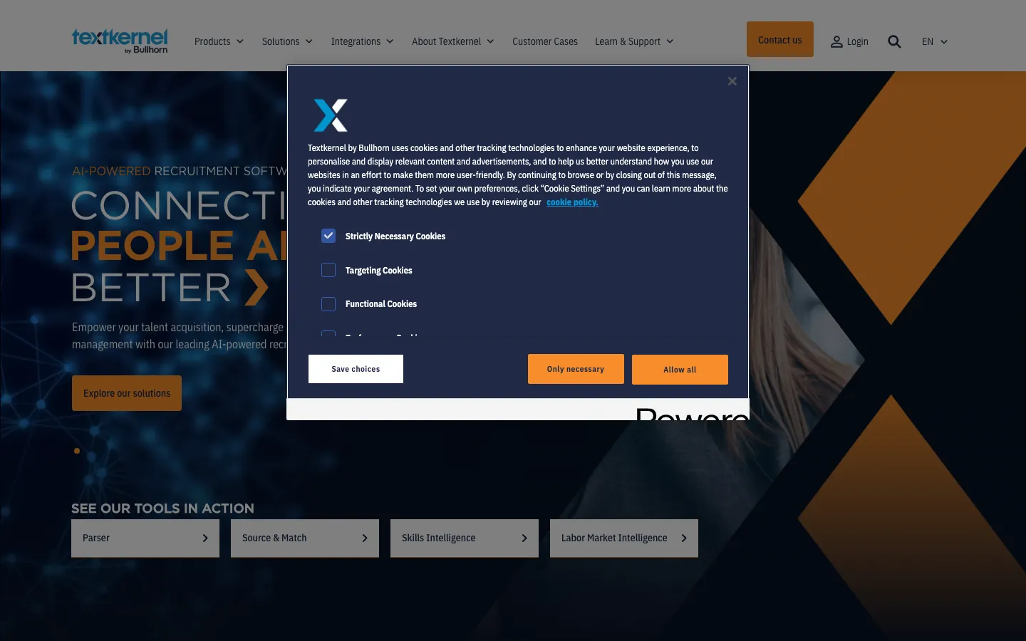 Textkernel homepage showing AI-powered resume parsing and job-candidate matching API technology