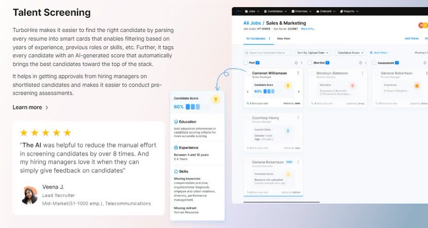 TurboHire talent screening smart card with a candidate score and missing skill keywords