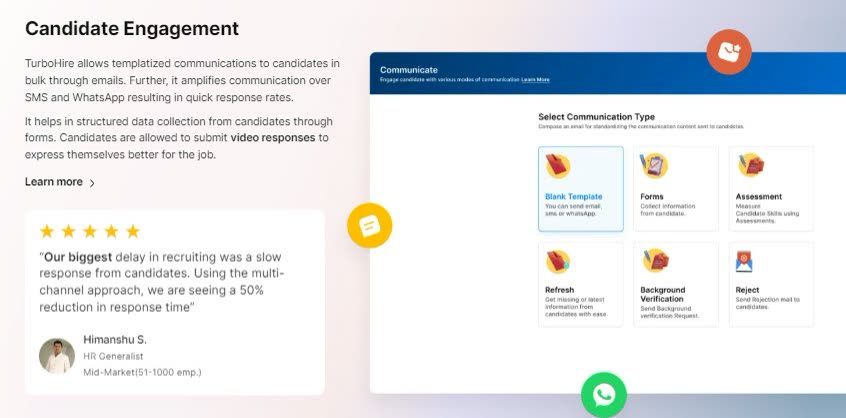 TurboHire candidate engagement screen with options for templates, forms, assessments, and background verification