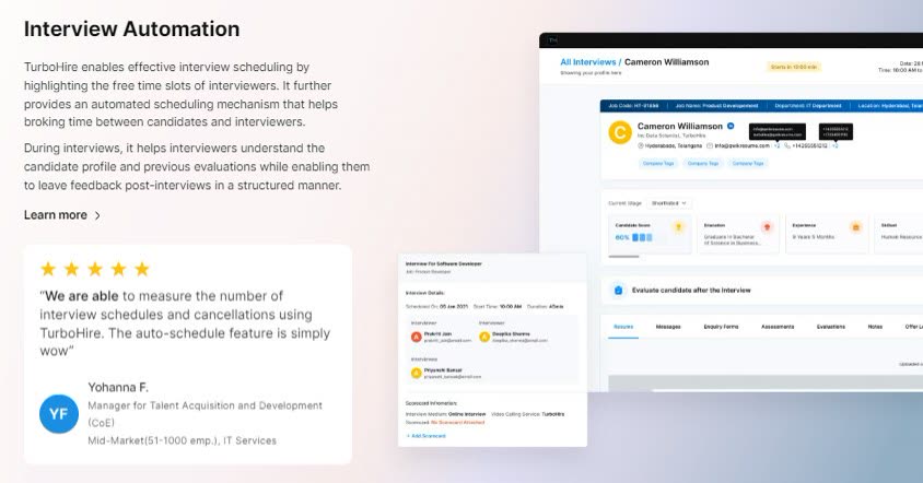TurboHire interview automation screen showing interview details, interviewers, and candidate score