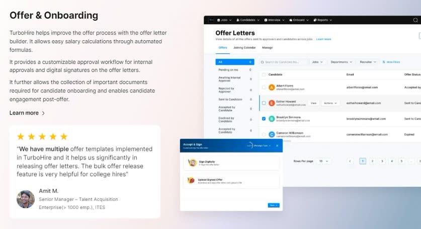 TurboHire offer letters dashboard showing offer status across pending, accepted, and sent to candidate stages