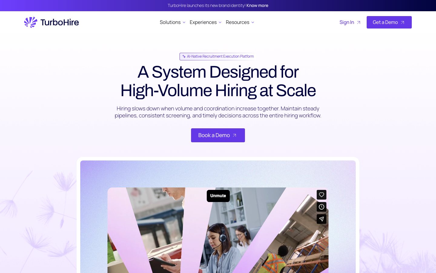 TurboHire platform showing AI recruitment experience automation with candidate screening smart cards and assessments