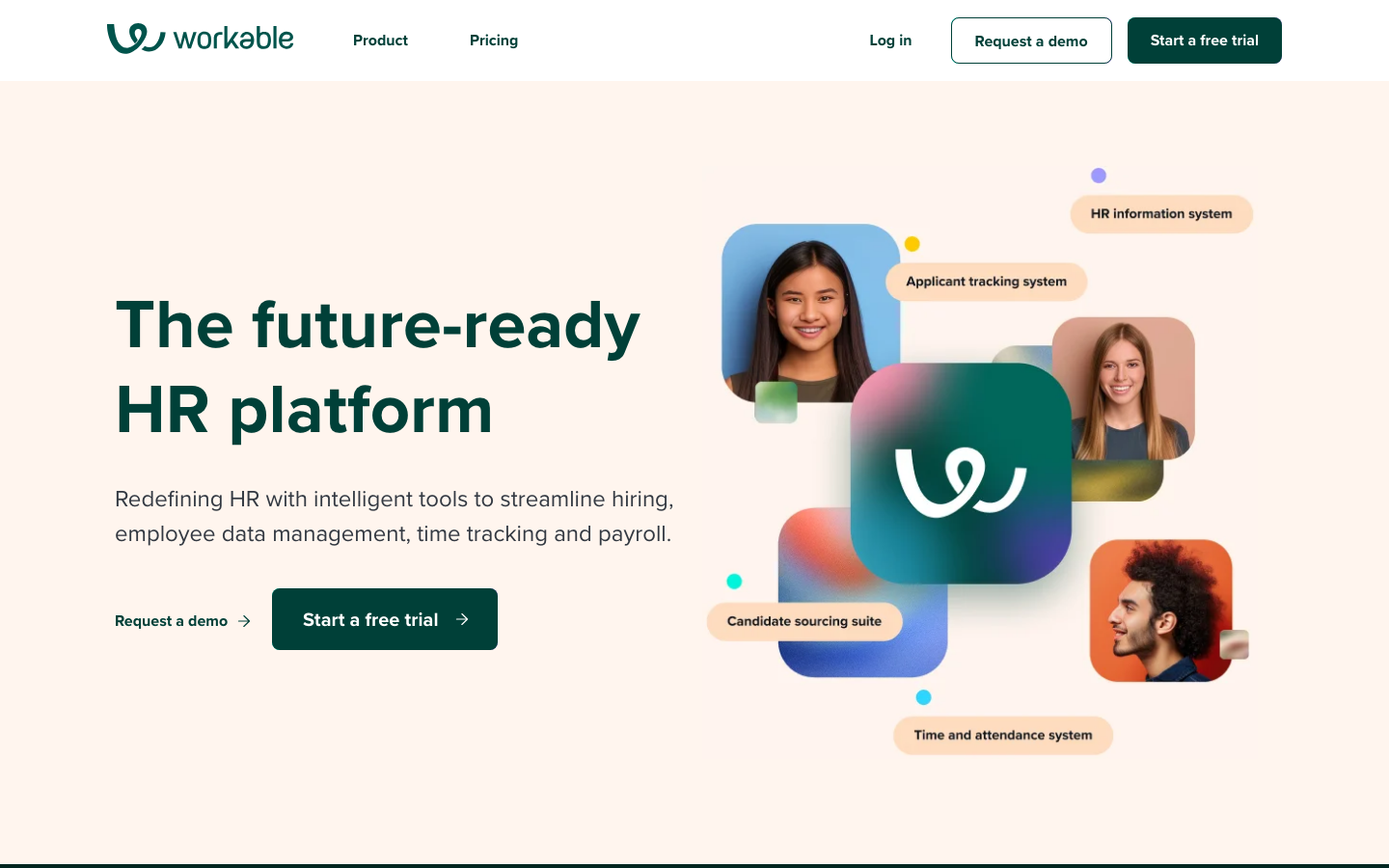 Workable AI recruiting platform homepage showing future-ready HR software with applicant tracking and candidate sourcing suite