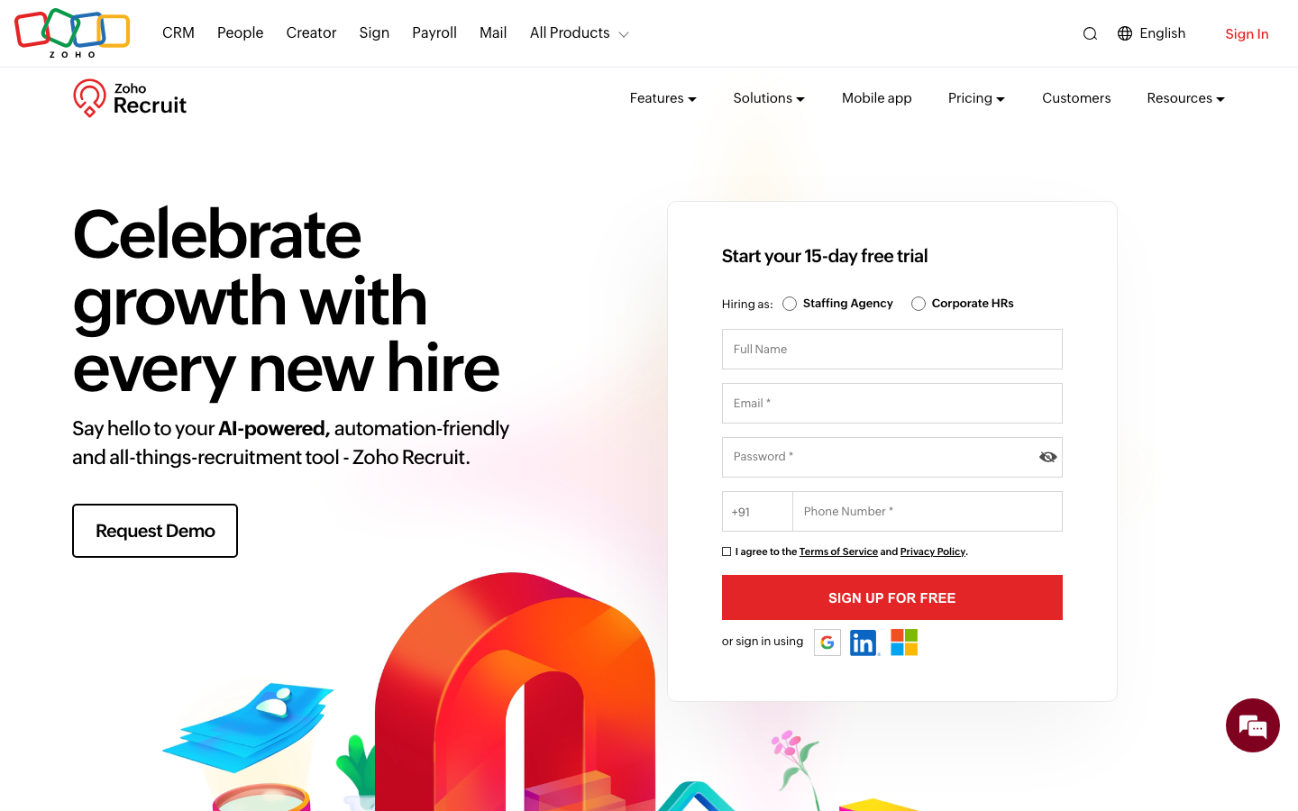 Zoho Recruit product page showing AI-powered applicant tracking system with resume screening and custom automation