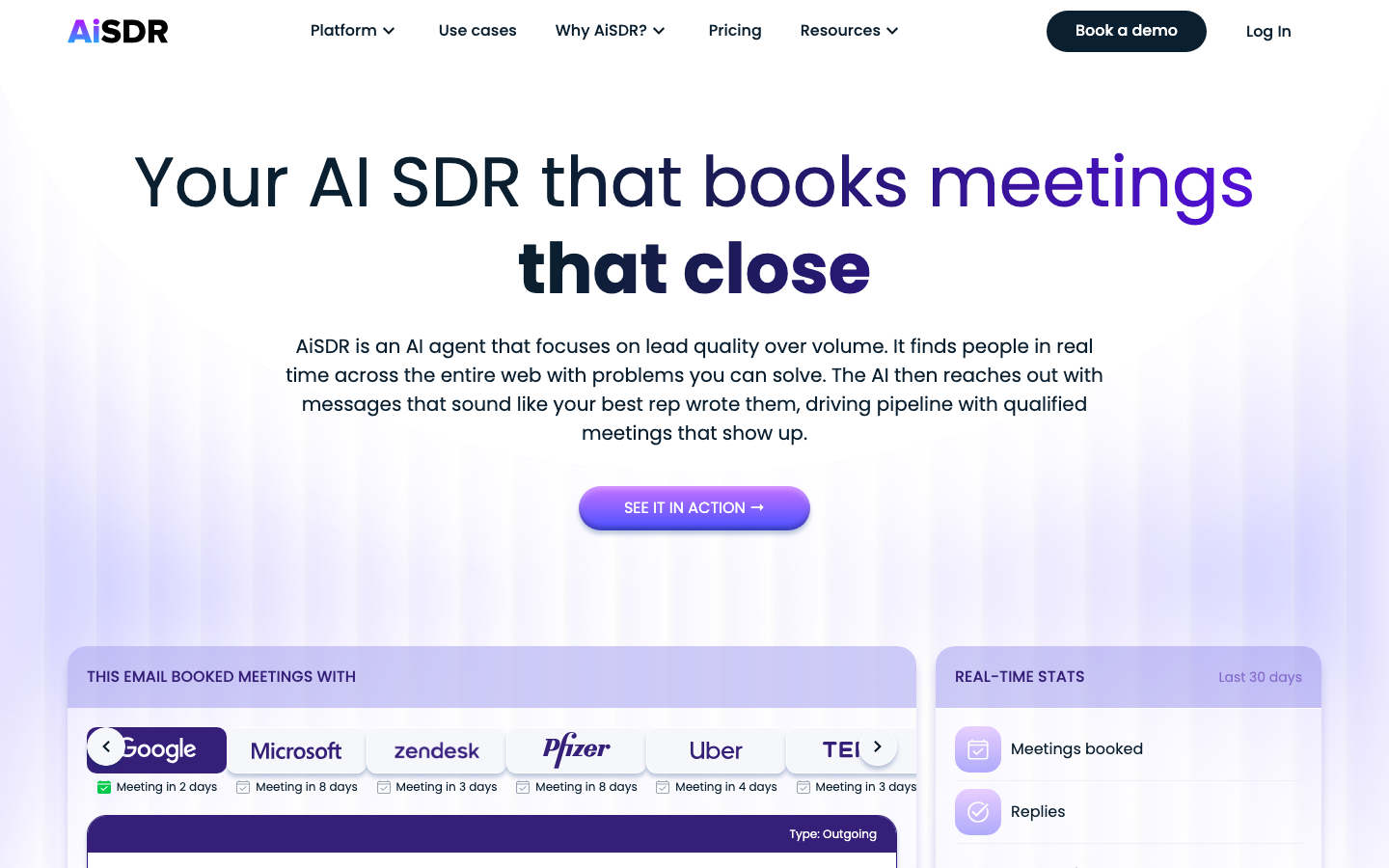 AiSDR homepage showing autonomous AI SDR platform that books meetings with real-time qualification stats
