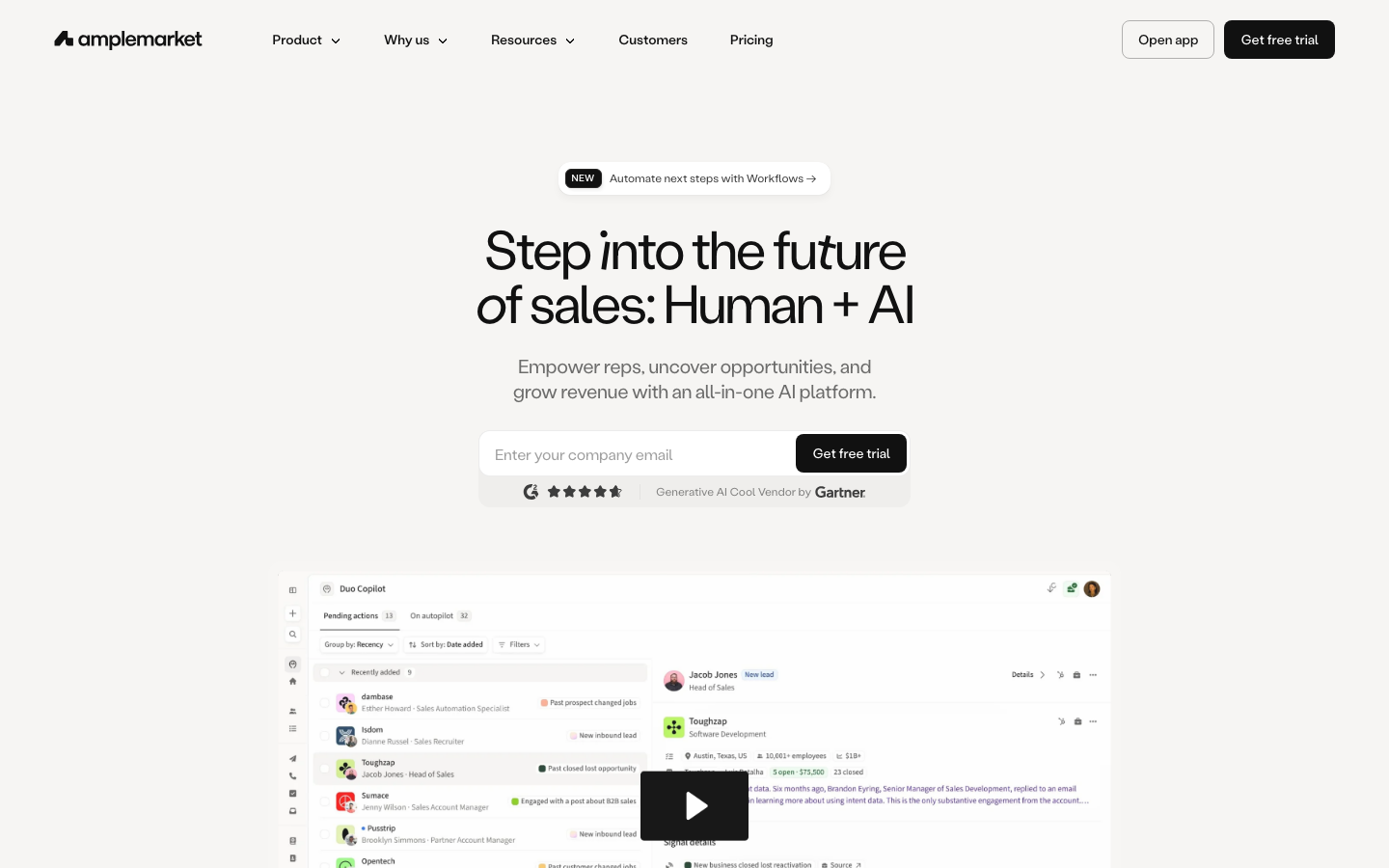 Amplemarket homepage showing Duo Copilot AI interface with human-in-loop pipeline management