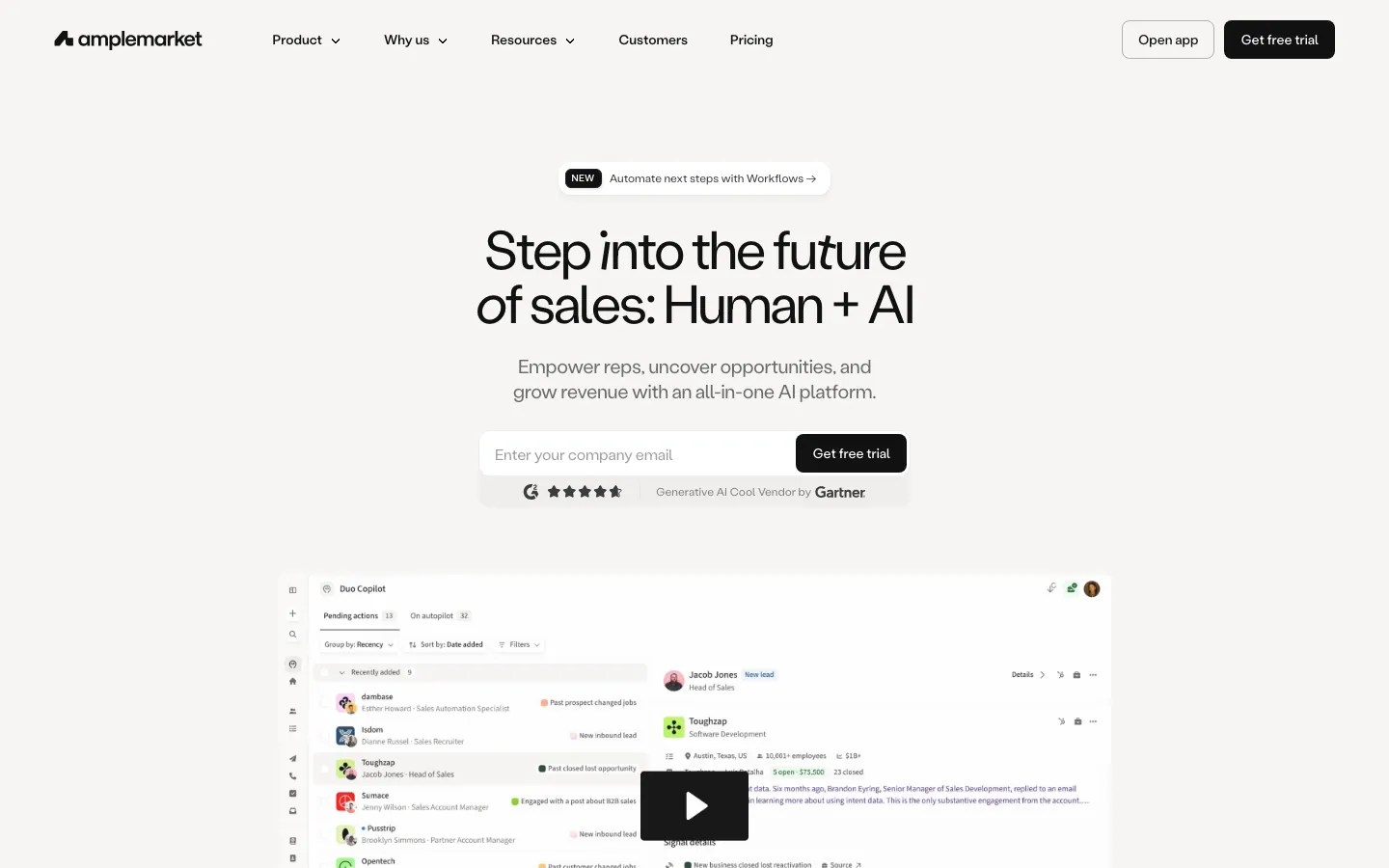 Amplemarket homepage showing Duo Copilot AI interface with human-in-loop pipeline management