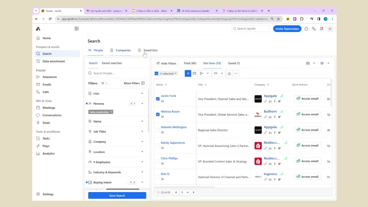 Apollo.io sequence builder showing a multi-touch outreach sequence with email, LinkedIn, and call steps configured