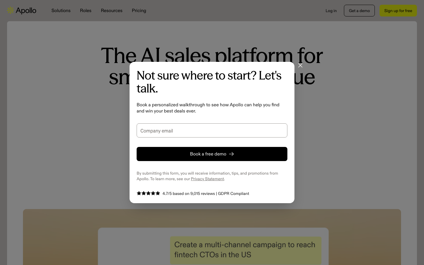 Apollo.io homepage showing AI sales platform with multichannel campaign builder and prospect database