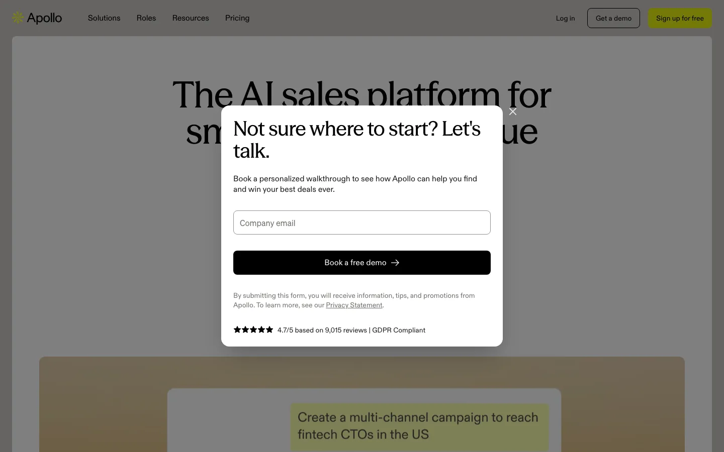 Apollo.io homepage showing AI sales platform with multichannel campaign builder and prospect database
