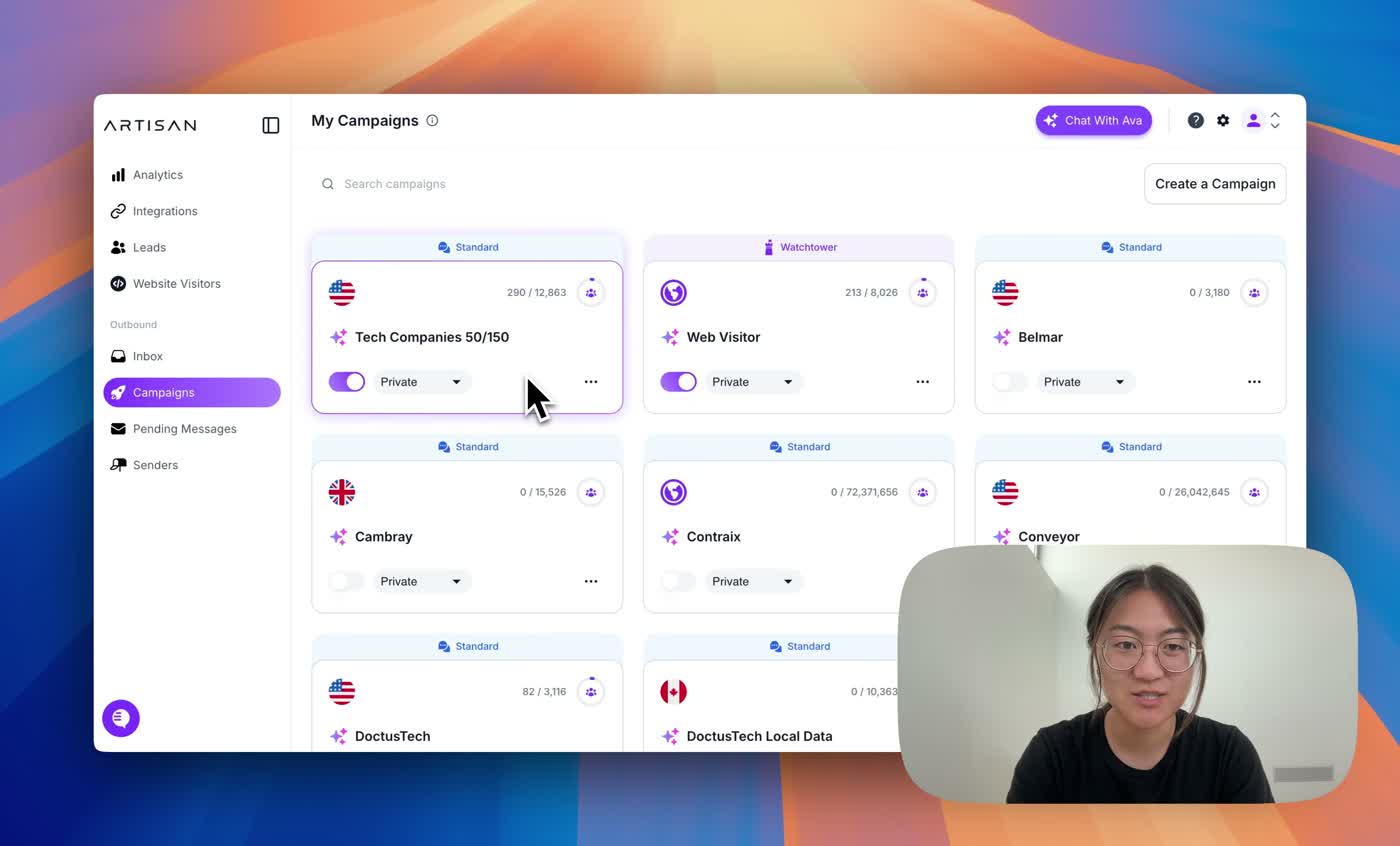 Artisan Ava AI BDR dashboard showing active outreach campaigns, prospects in sequence, and booked meetings tracker