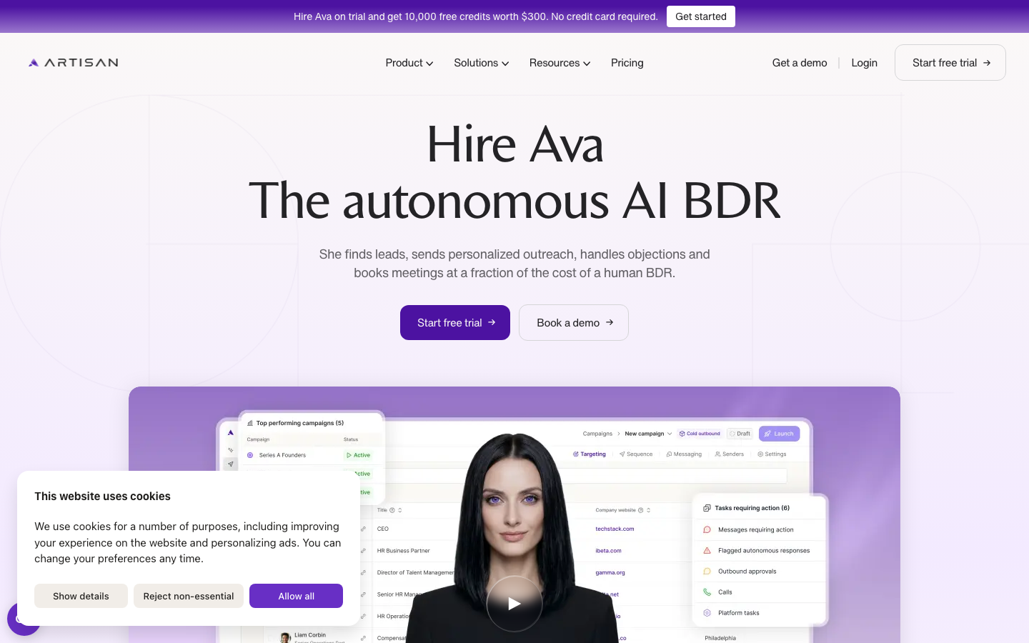 Artisan homepage showing Ava the autonomous AI BDR with campaign dashboard and prospect pipeline