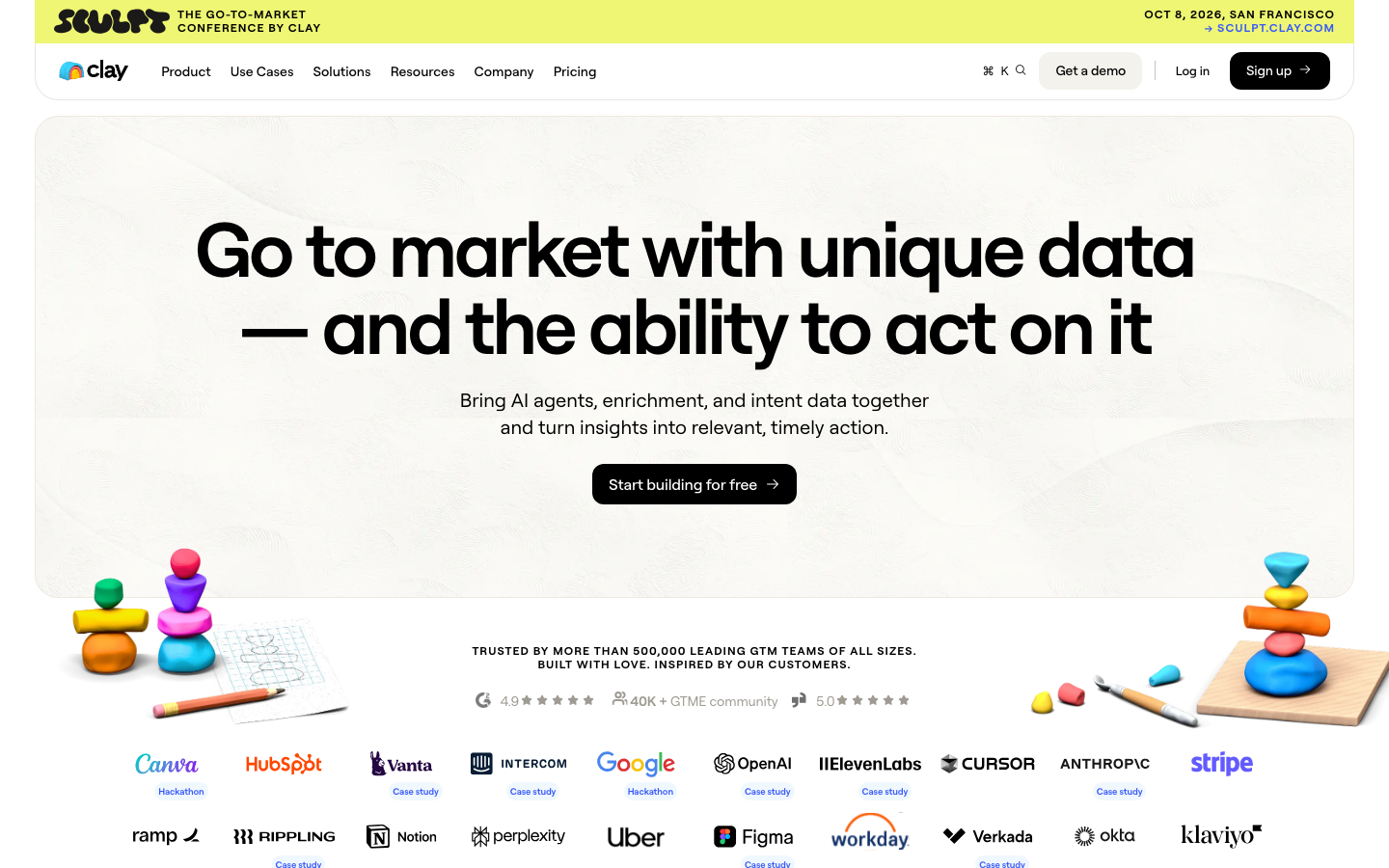 Clay.com homepage showing data enrichment and AI-powered go-to-market platform with client logos