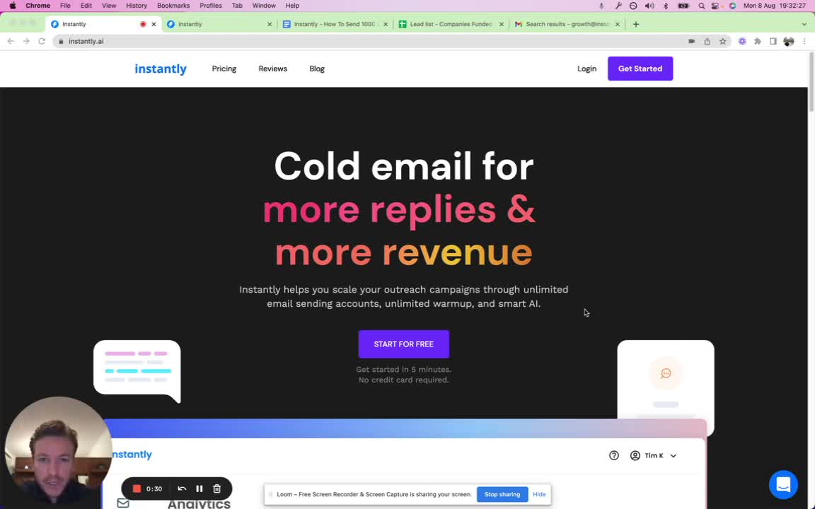 Instantly.ai campaign builder showing email sequence setup with sending schedule, warmup settings, and prospect upload
