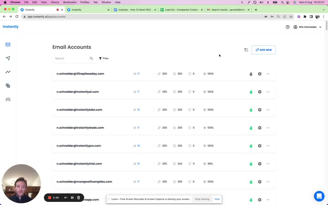 Instantly.ai deliverability dashboard showing inbox health scores, bounce rates, and domain reputation metrics across accounts