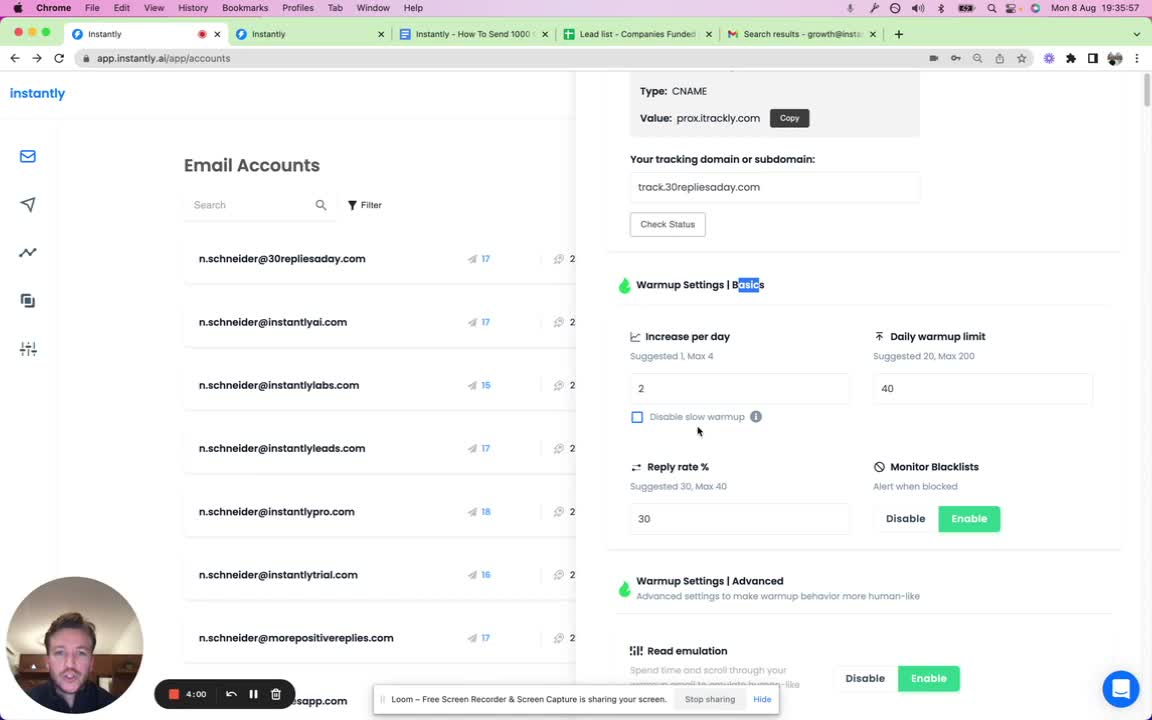 Instantly.ai warmup settings showing automated email warmup parameters and daily volume ramp for a new sending domain