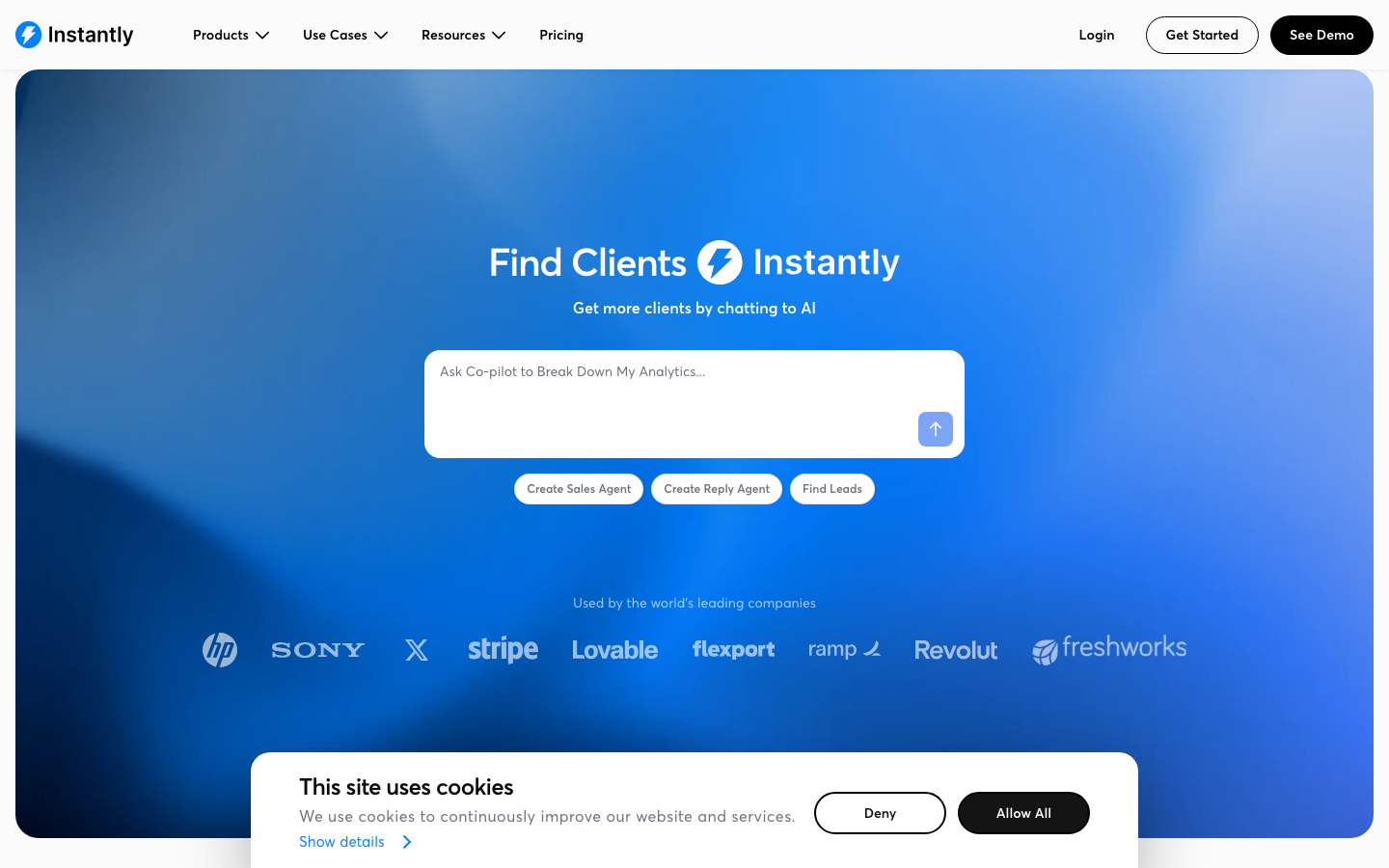 Instantly.ai homepage showing AI-powered cold email and client finding interface
