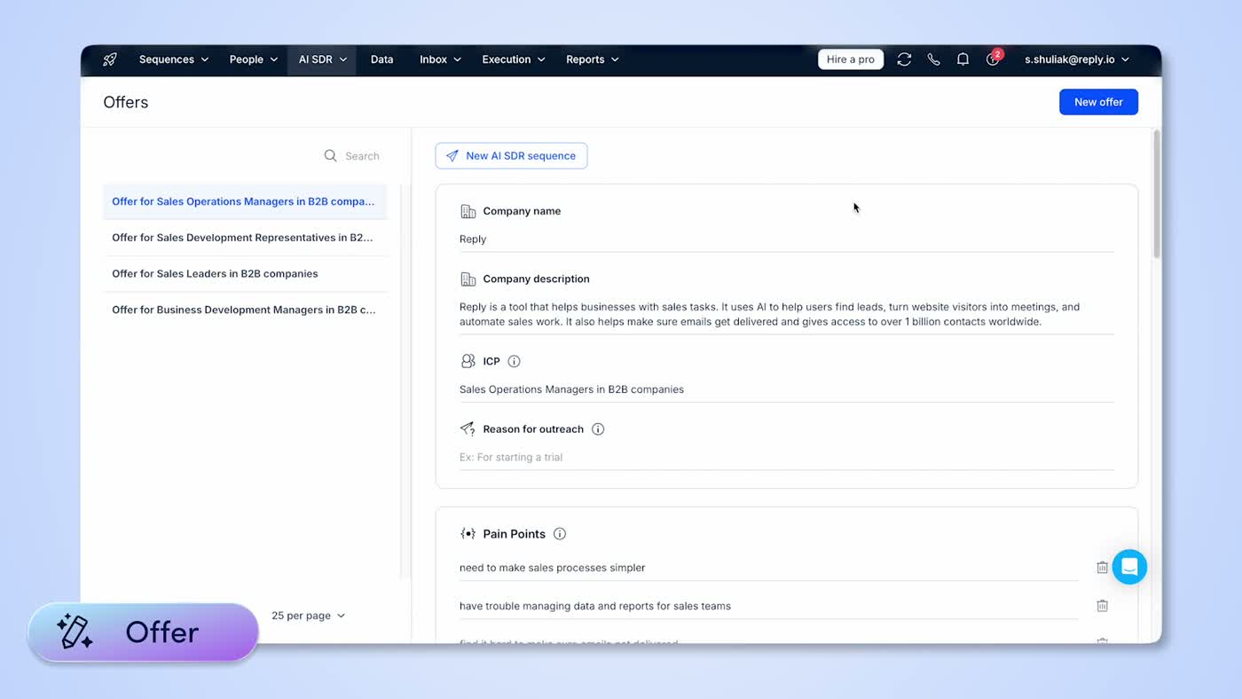 Reply.io sequence builder showing a multichannel cadence with email, LinkedIn, and call steps configured with delays
