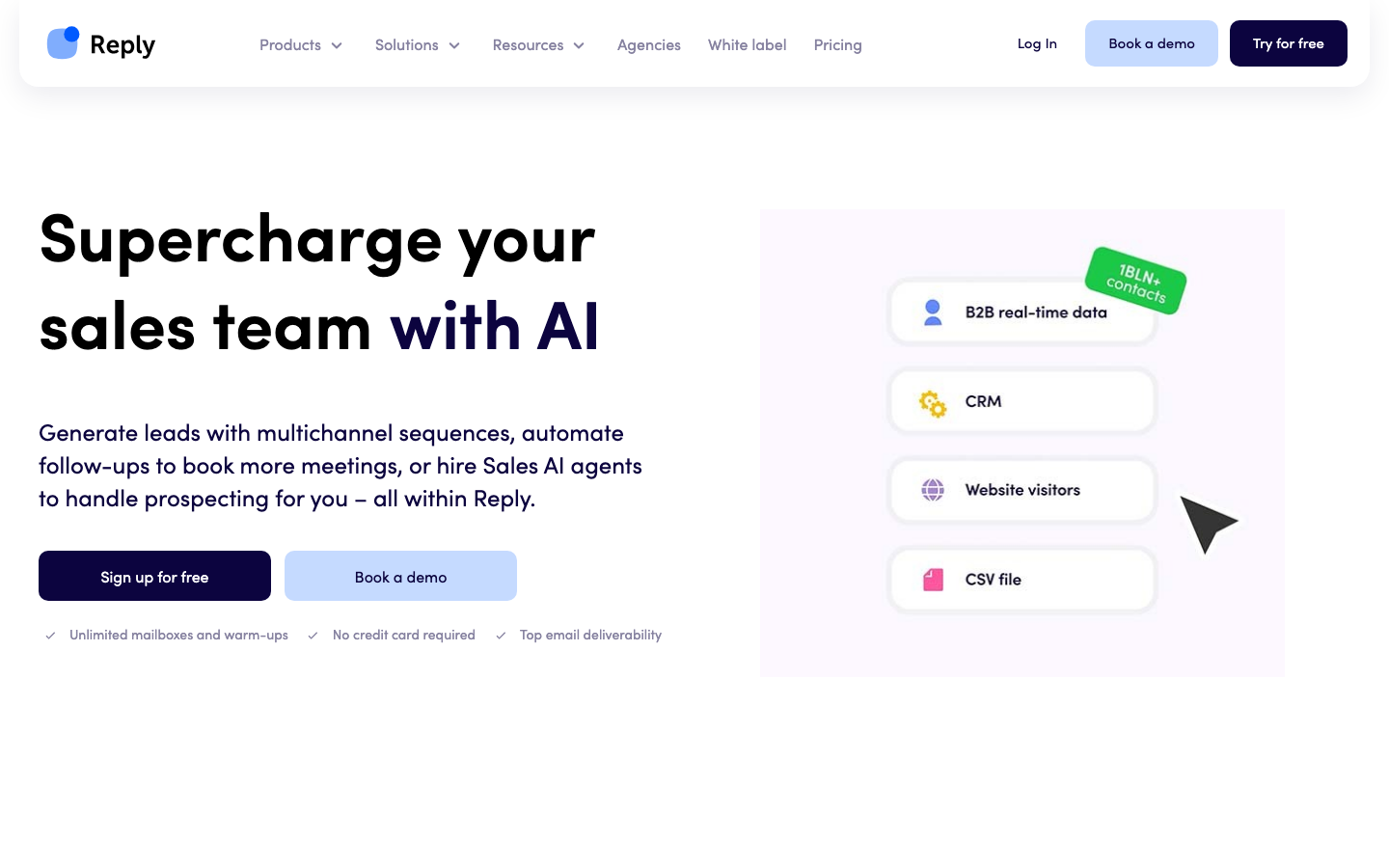 Reply.io homepage showing AI-powered multichannel sales outreach with B2B data and CRM integration