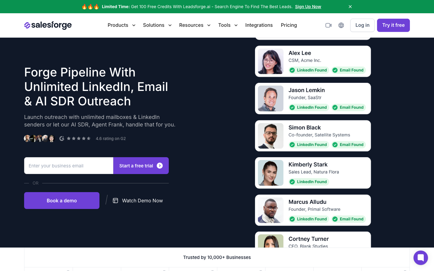 Salesforge homepage showing Agent Frank AI SDR platform with LinkedIn and email outreach pipeline