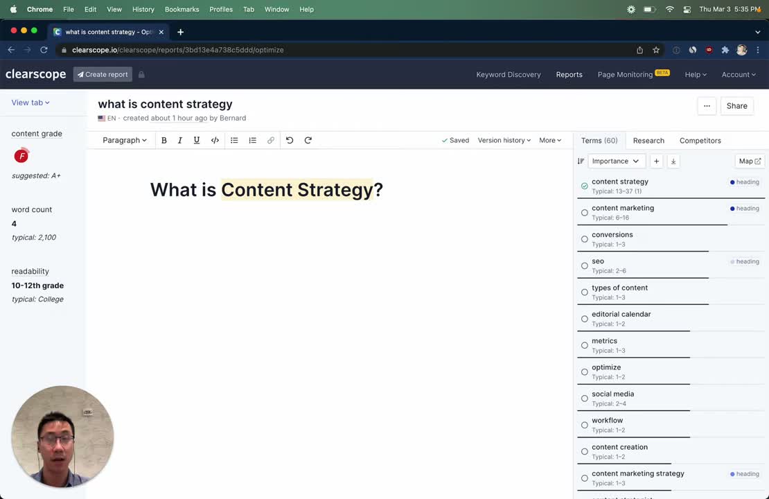 Clearscope content grade panel showing overall score, term coverage, and readability metrics for a target keyword