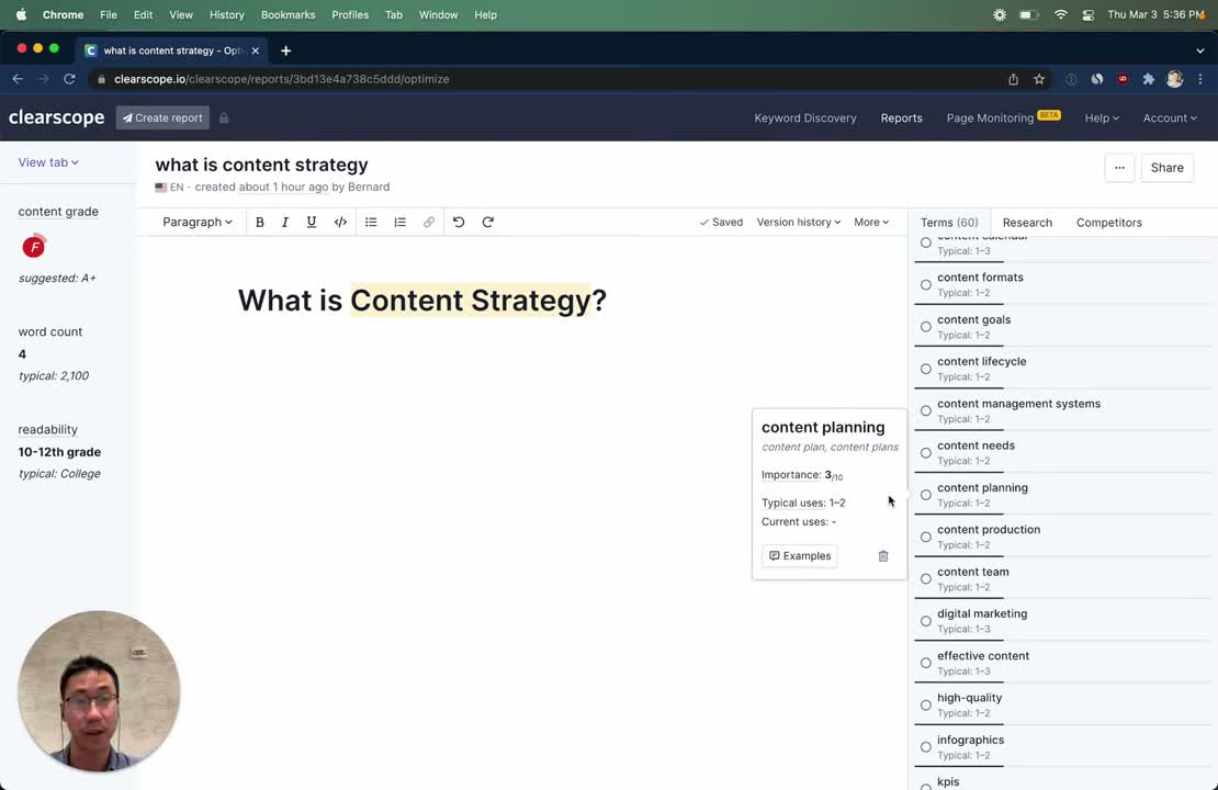 Clearscope keyword recommendations panel showing suggested terms and their importance weighting for content optimization