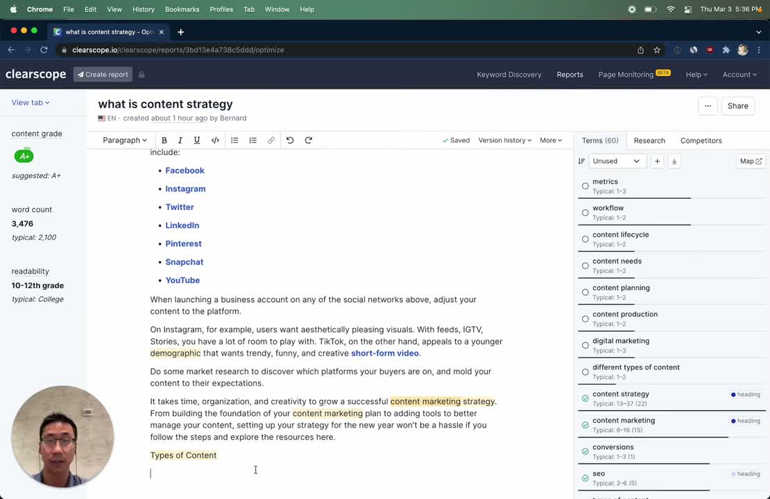 Clearscope editor view showing the content writing interface alongside the term checklist and grading sidebar