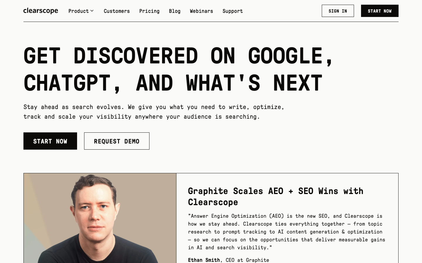 Clearscope homepage showing the content optimization and SEO AI visibility platform interface
