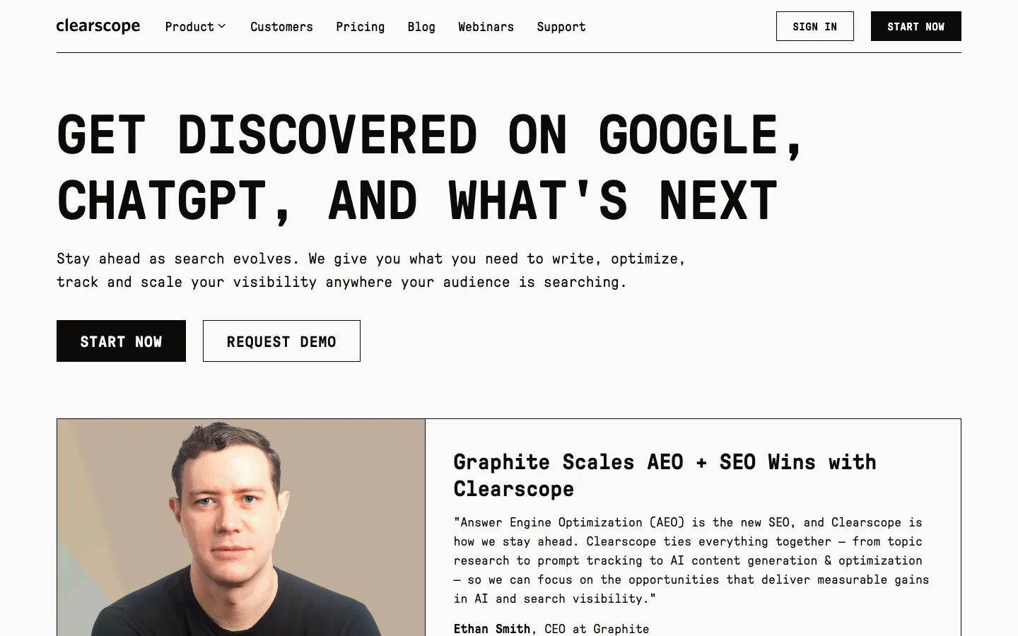 Clearscope homepage showing the content optimization and SEO AI visibility platform interface