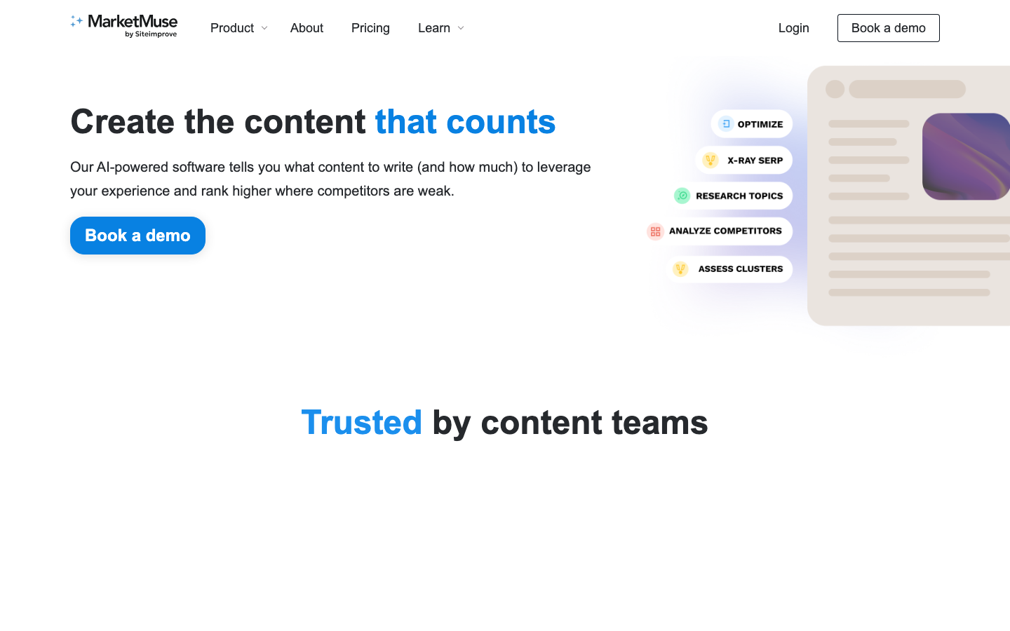 MarketMuse homepage showing content strategy platform with Siteimprove branding and topic authority features