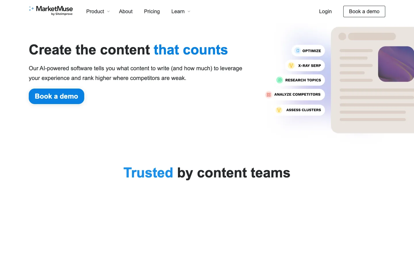 MarketMuse homepage showing content strategy platform with Siteimprove branding and topic authority features