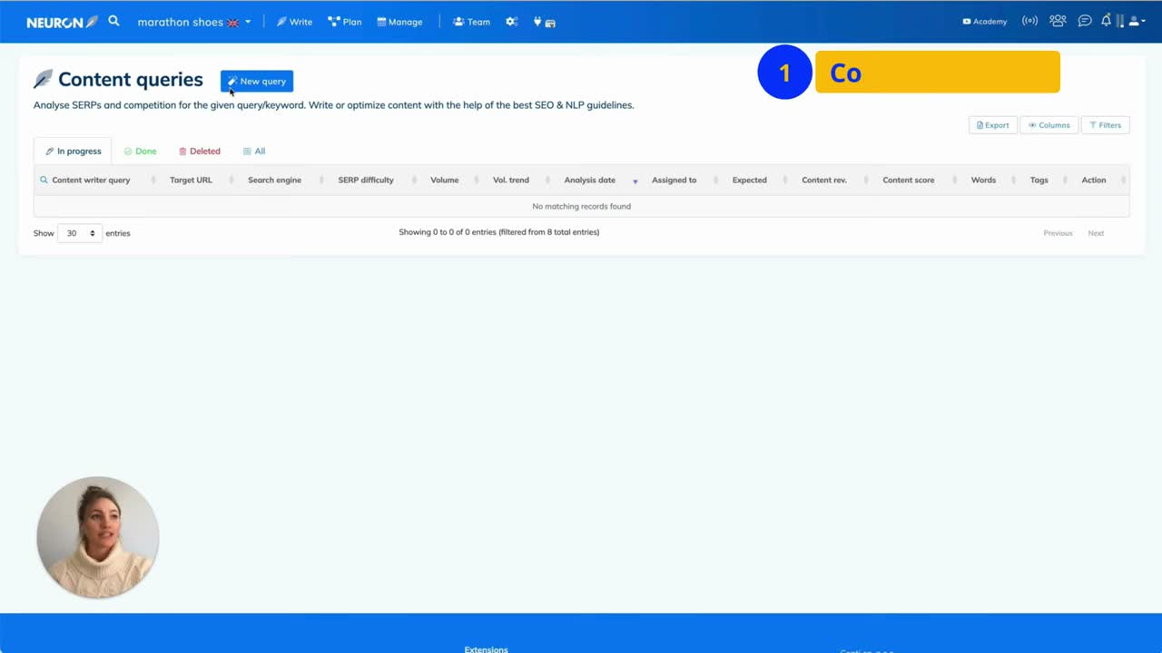 NeuronWriter semantic NLP score panel showing content optimization score and recommended terms for a target keyword