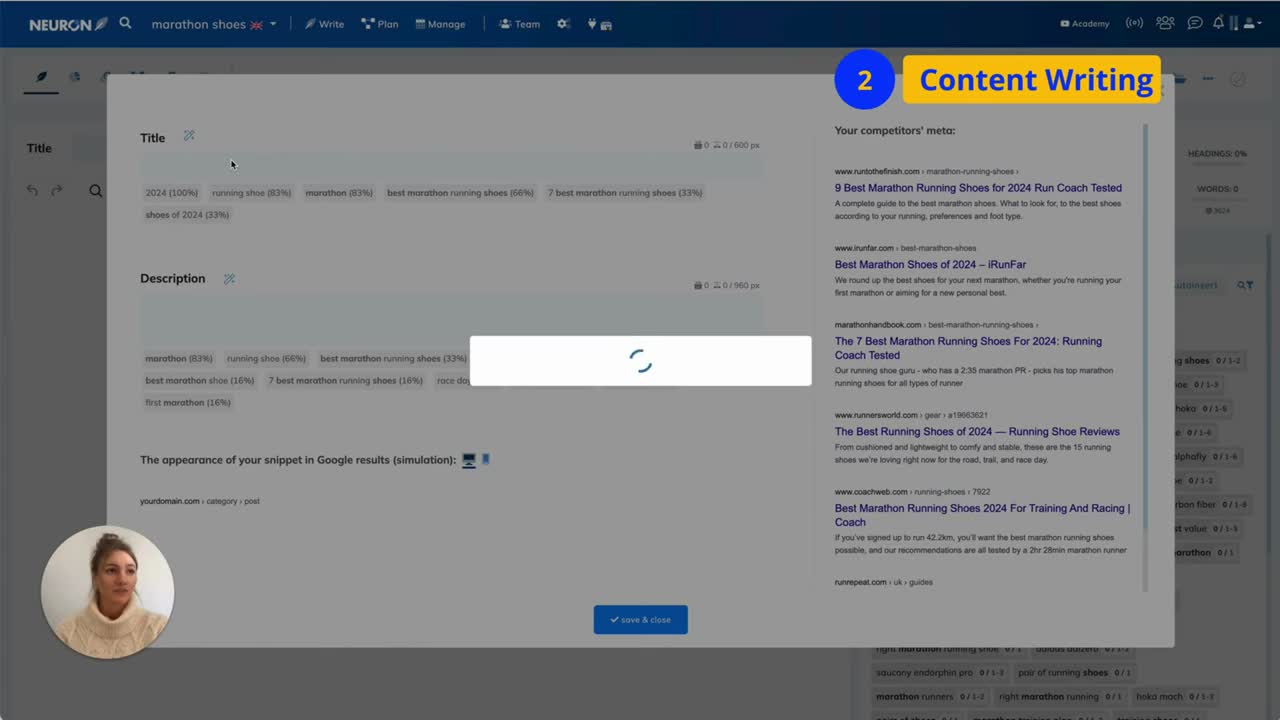 NeuronWriter content editor showing the writing interface with inline term suggestions and optimization checklist
