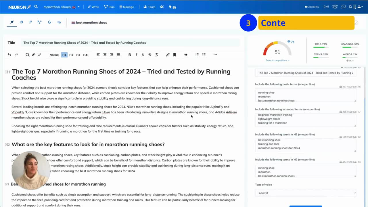 NeuronWriter competitor analysis view showing top-ranking pages with content scores, word counts, and heading structures