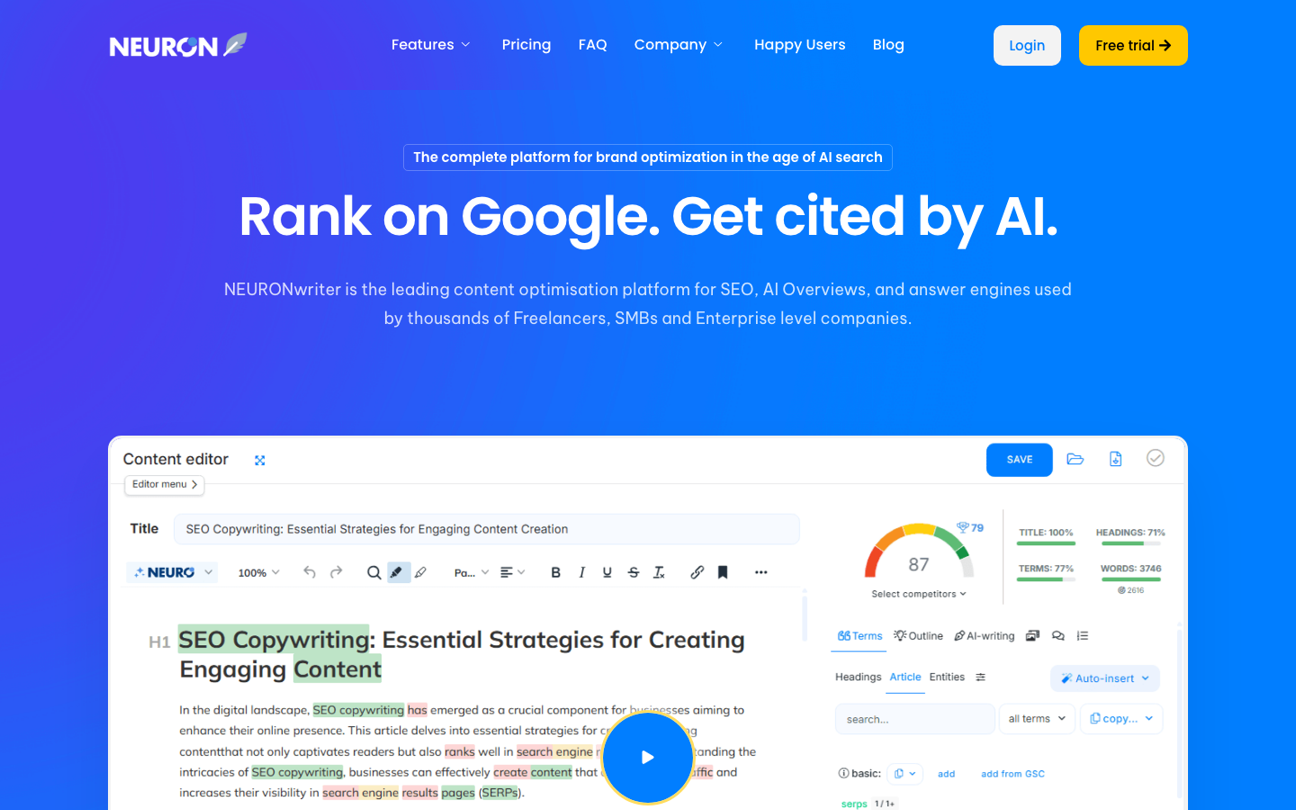 NeuronWriter homepage showing the semantic SEO content optimization platform with AI writing features