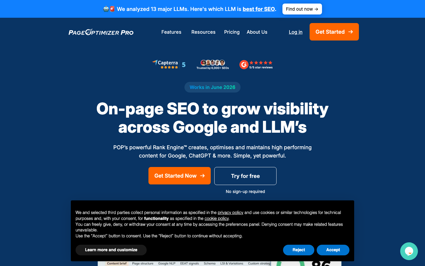Page Optimizer Pro homepage showing POP plans for SEO professionals with Unlimited and Teams tiers