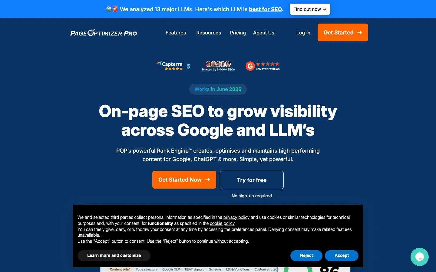 Page Optimizer Pro homepage showing POP plans for SEO professionals with Unlimited and Teams tiers