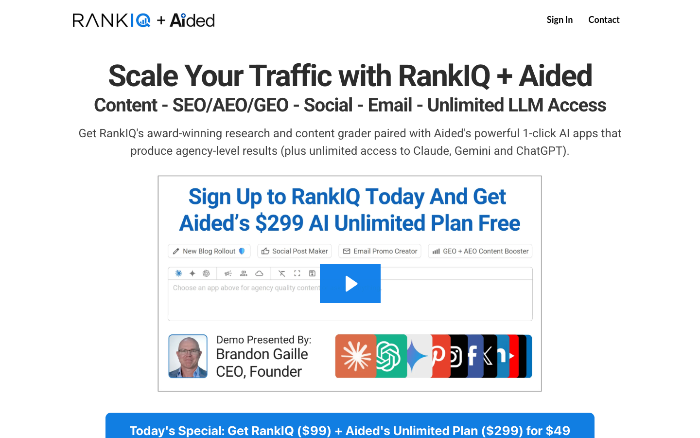 RankIQ homepage showing RankIQ plus Aided platform integration for SEO content and AI writing for bloggers