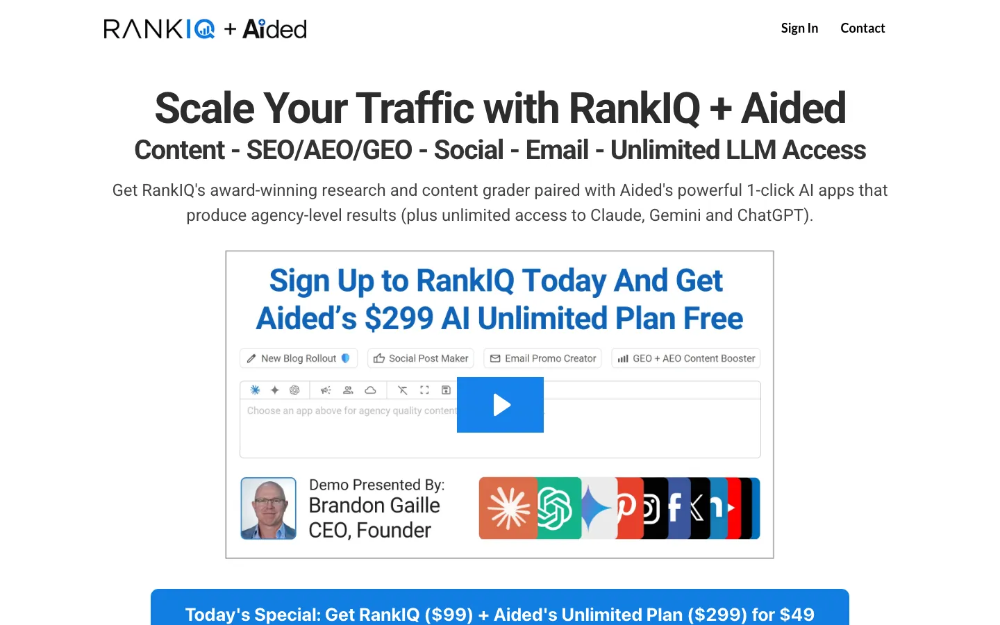 RankIQ homepage showing RankIQ plus Aided platform integration for SEO content and AI writing for bloggers