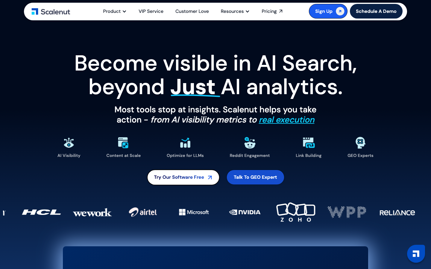 Scalenut homepage showing AI Visibility platform positioning for maximizing presence across AI search engines