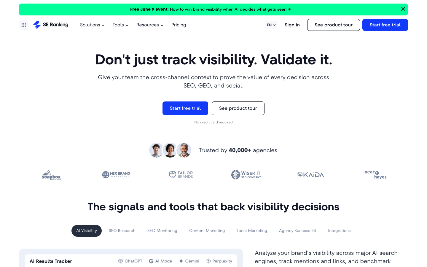SE Ranking homepage showing AI SEO and GEO platform for traditional search and AI answer discovery