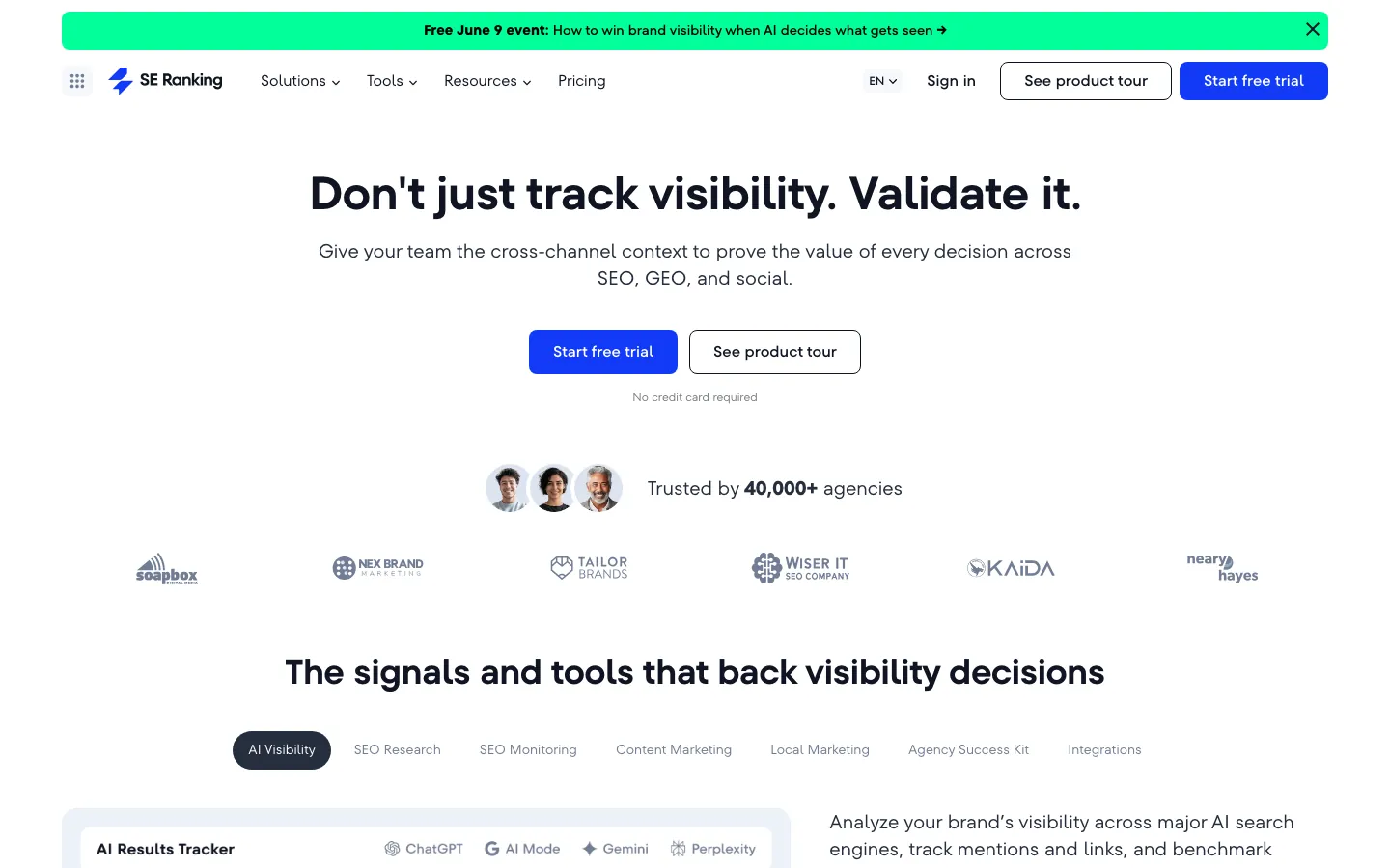 SE Ranking homepage showing AI SEO and GEO platform for traditional search and AI answer discovery