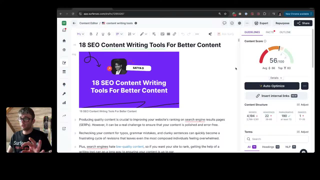 Surfer SEO NLP content score panel showing term coverage, content length, and heading structure analysis