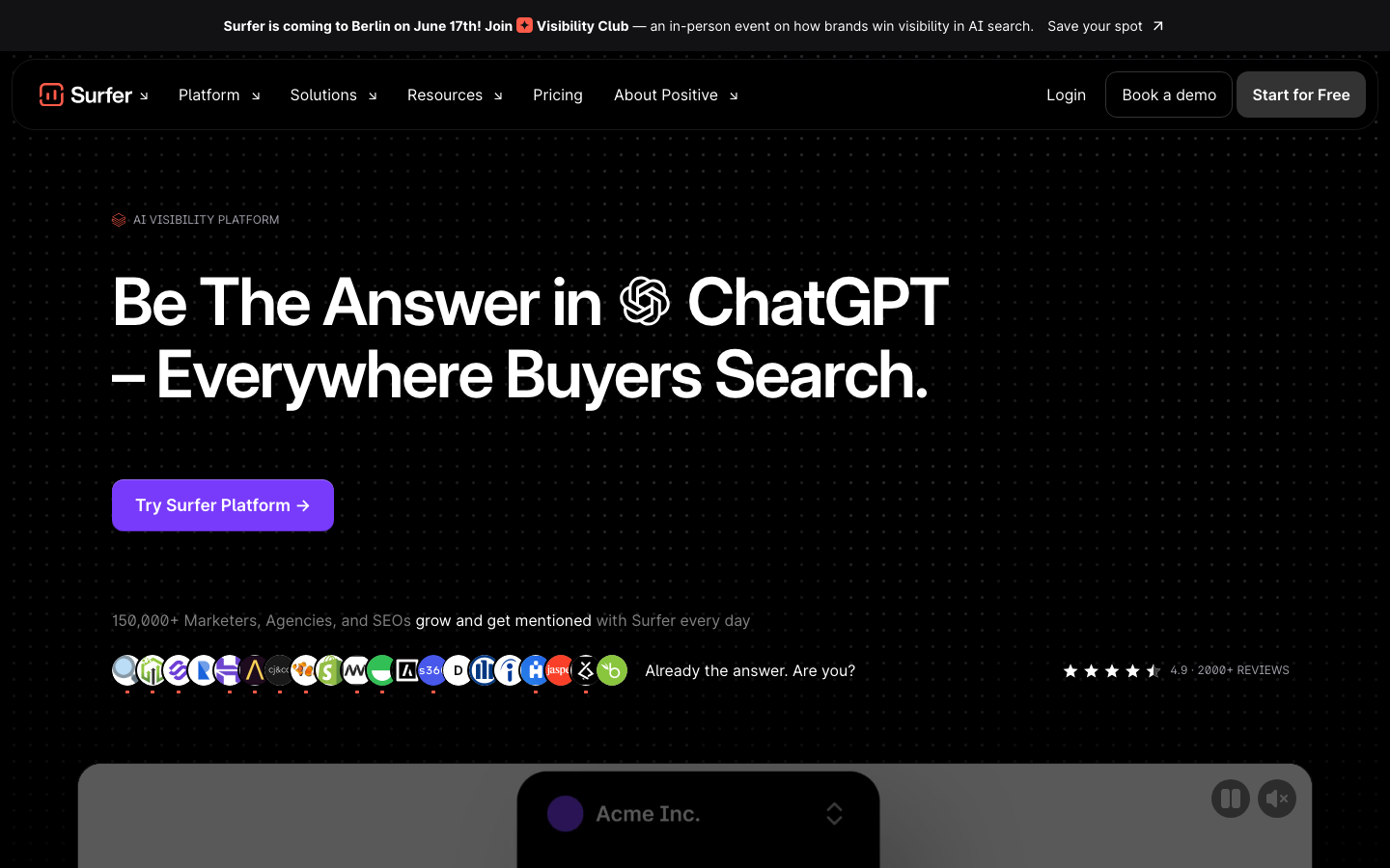 Surfer SEO homepage showing AI Visibility Platform positioning with ChatGPT visibility messaging