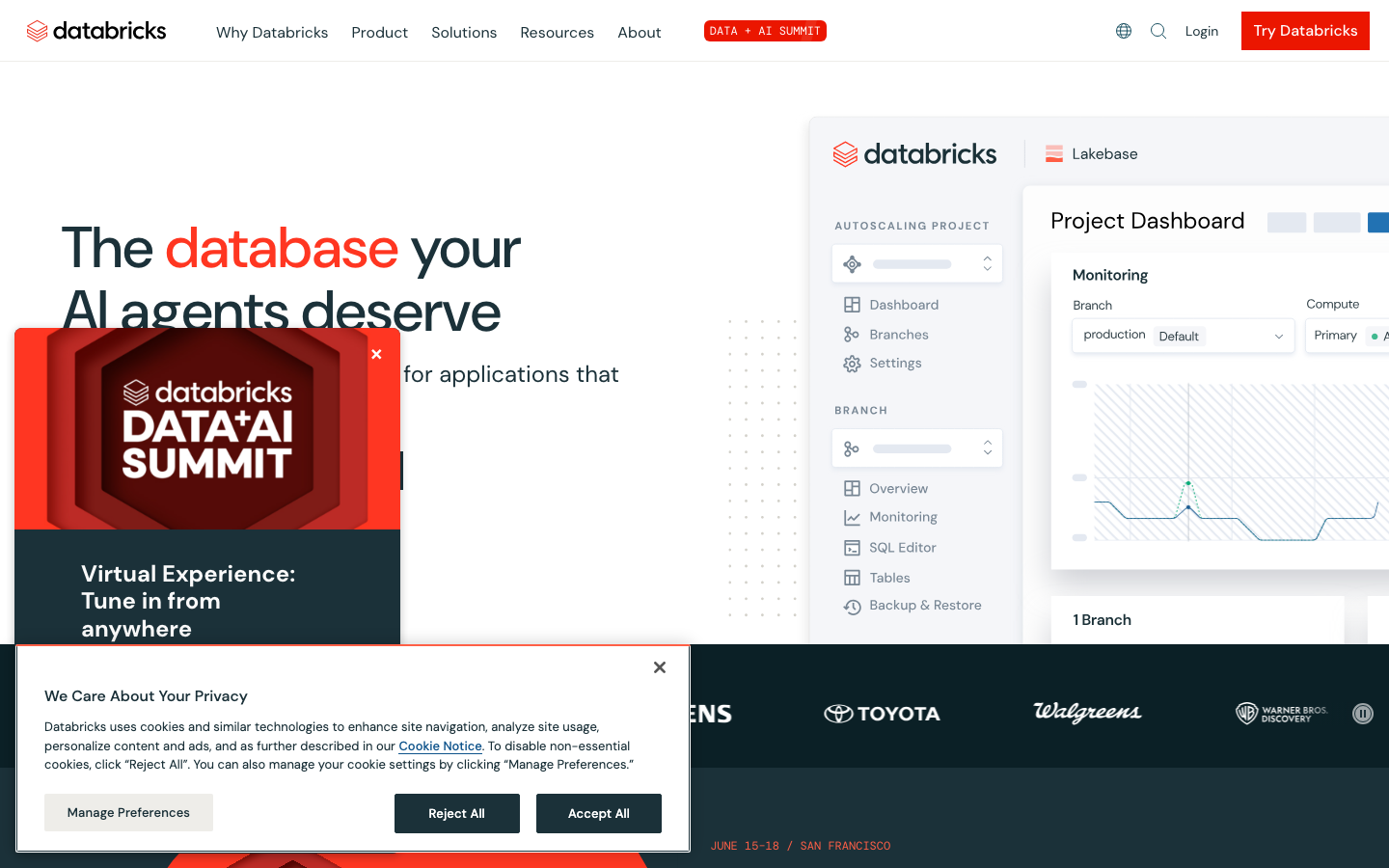 Databricks homepage showing unified data and AI platform with lakehouse architecture and Genie AI analytics assistant