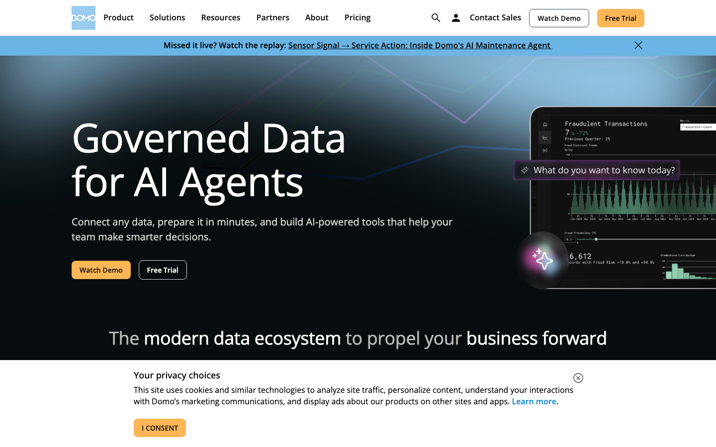 Domo homepage showing AI-powered business intelligence with Domo AI agent and executive dashboard analytics