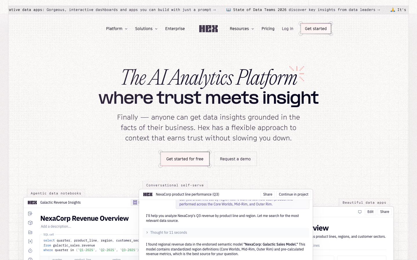 Hex analytics platform homepage showing Magic AI notebook agent with SQL Python cells and collaborative data analysis