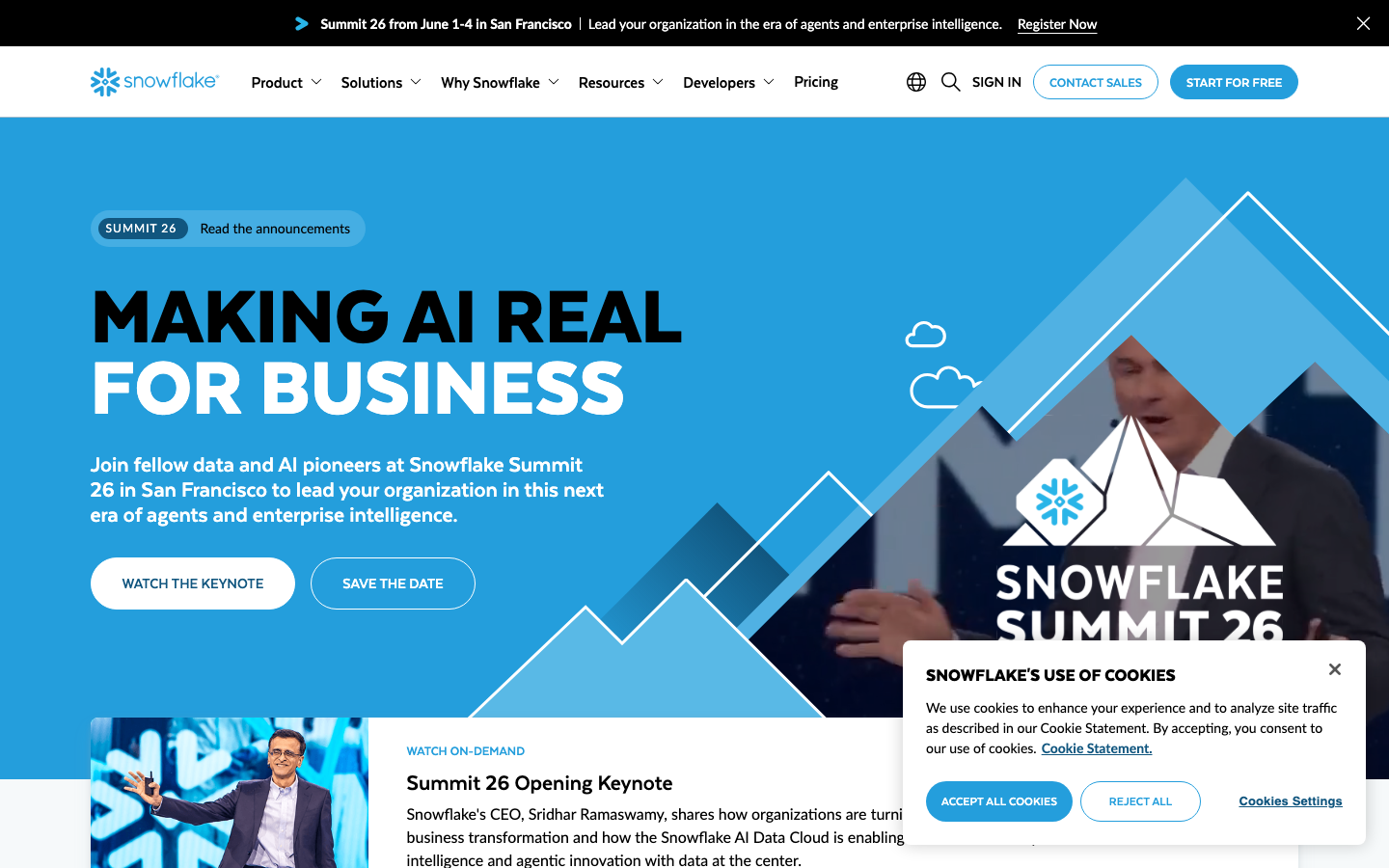 Snowflake homepage showing AI Data Cloud platform with Cortex Analyst natural language analytics interface