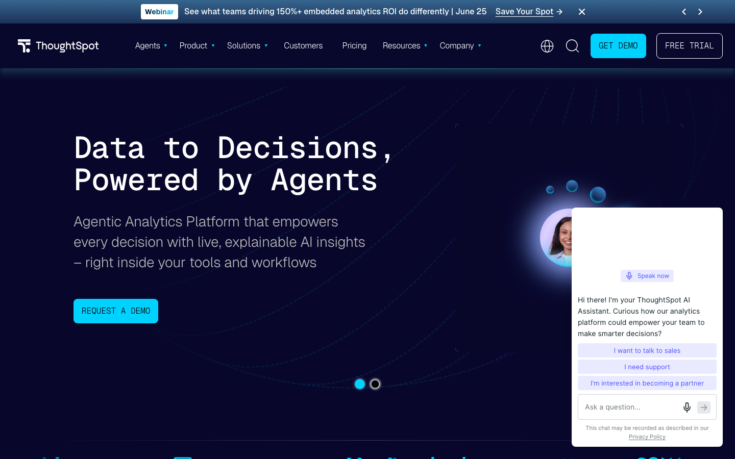 ThoughtSpot homepage showing agentic analytics platform with Spotter AI and natural language query interface