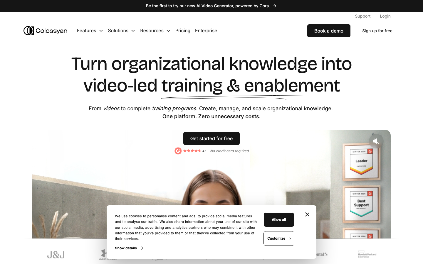 Colossyan homepage showing AI platform for video-led training with enterprise customer logos